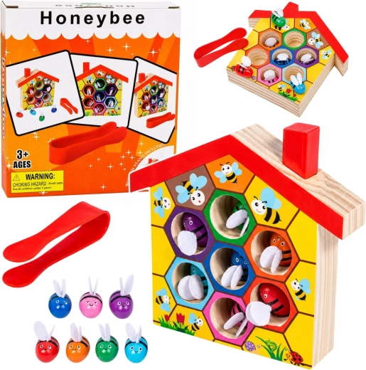 Drevený montessori úľ s včielkami a pinzetou (7 ks)