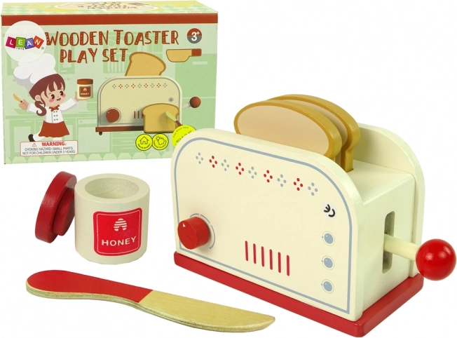 Drevený toustovač s kuchynskými doplnkami pre deti