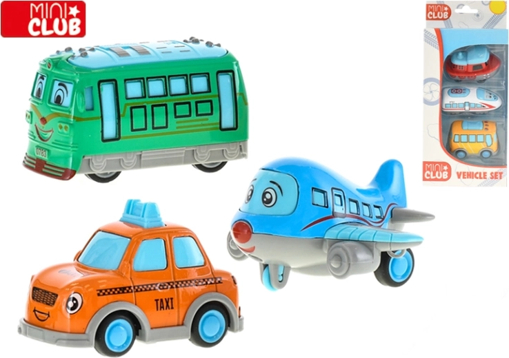 Mini Club sada veselých vozidiel 7 cm – kovové autíčka s návratovým pohonom, 3 ks