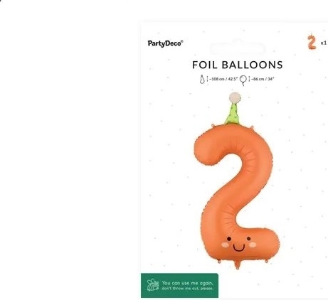 PartyDeco fóliový balónik číslo 2 oranžový s tváričkou 86 cm
