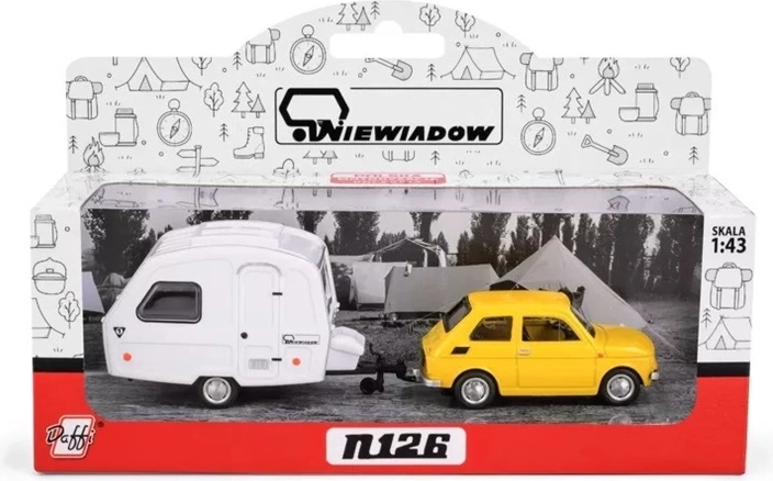 Fiat 126p so žltým karavanovým prívesom Niewiadów (1:43)