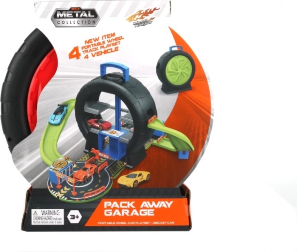 Herná súprava v kufri v tvare pneumatiky so 4 autíčkami
