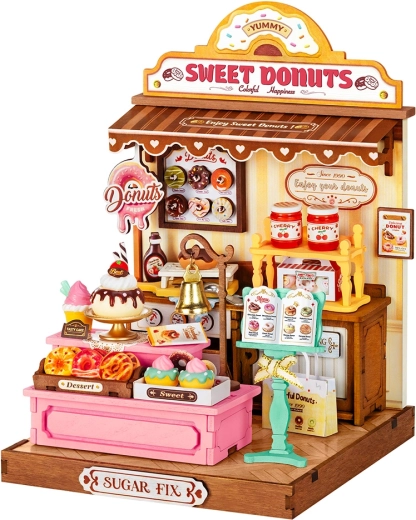 RoboTime 3D drevená miniatúra domčeka – obchod s donutmi