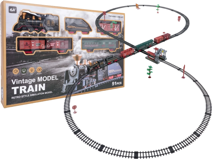 retro vláčik s dymom, svetlami a zvukmi