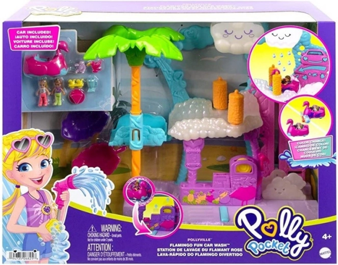 Polly Pocket Plameniaková umývačka – herný set s autom meniacim farbu