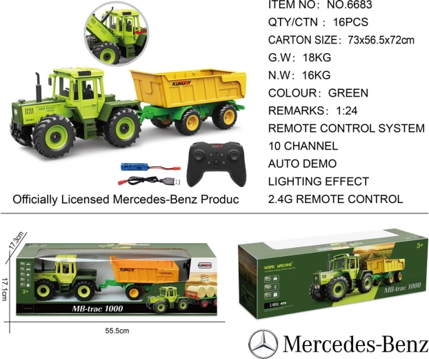 Diaľkovo ovládaný zelený traktor Mercedes-Benz so žltým prívesom 1:24