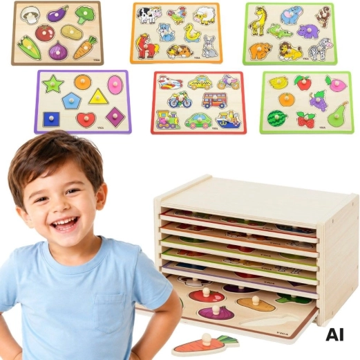 VIGA drevené vkladacie puzzle s úchytmi a stojanom (6 dosiek)
