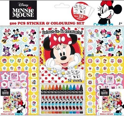 Samolepkový set s omaľovánkami a voskovkami Minnie – 500 ks