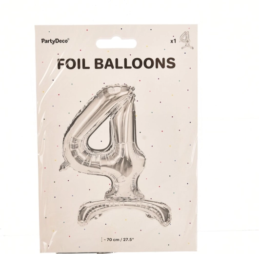 Stojaci fóliový balónik číslo 4 strieborný 70 cm