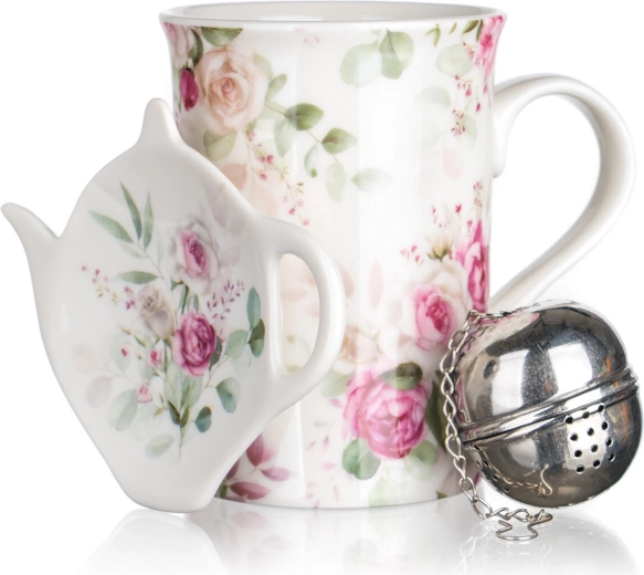 Čajová sada s ružami 340 ml – keramický hrnček, nerezové sitko a tanierik
