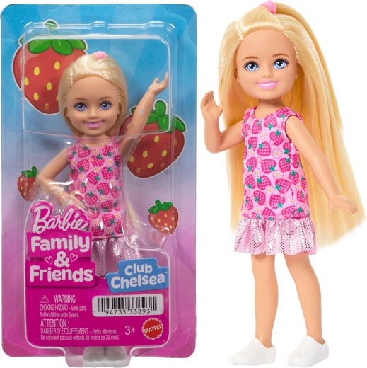 Barbie Club Chelsea blondínka v jahodových šatách 14 cm