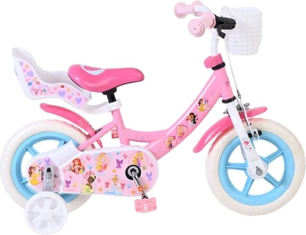 Detský bicykel 12" Disney Princess s balančnými kolieskami, košíkom a sedačkou pre bábiku