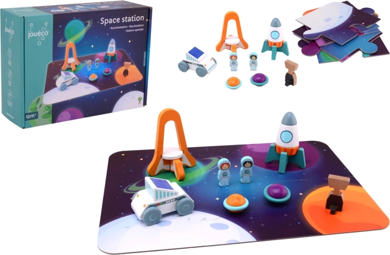 Jouéco drevená vesmírna stanica – puzzle set s figúrkami