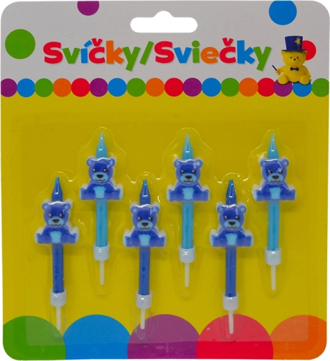 Narodeninové sviečky s modrým medvedíkom a držiakom, 6 ks