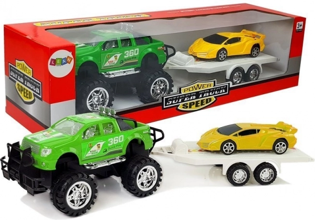 Sada vozidiel - športové auto žlté, terénne auto zelené s trecím pohonom