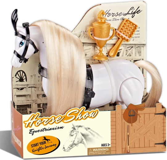 Jazdecký biely kôň so zvukom a príslušenstvom – koňská show