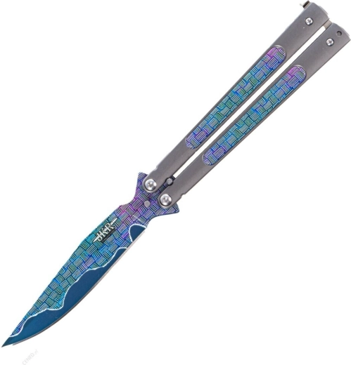 Skladací motýlikový nôž JOKER Butterfly, 10,8 cm, celokovový, dúhový dekor
