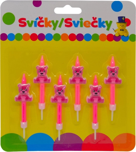 Narodeninové sviečky s ružovým medvedíkom na držiaku, 6 ks