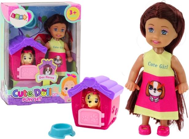 Mini bábika s dlhými vlasmi a pestrofarebnou sukničkou so psíkom a búdou