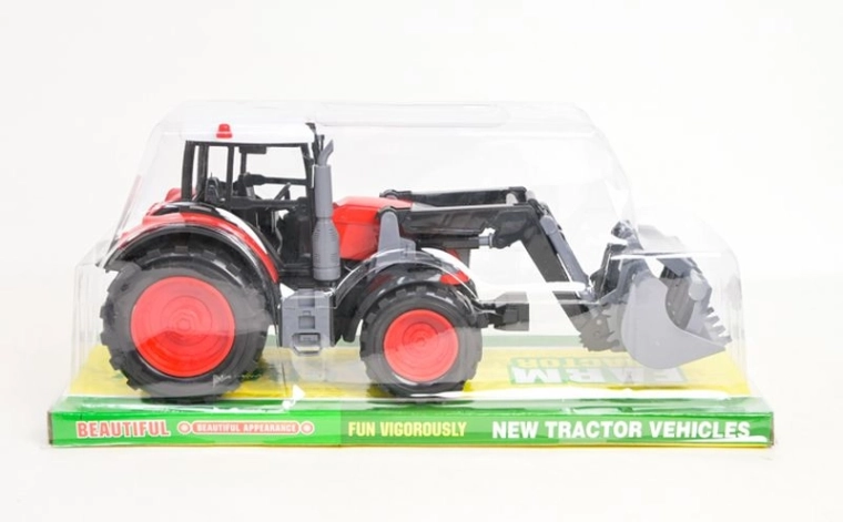 Červený traktor s prednou lyžicou
