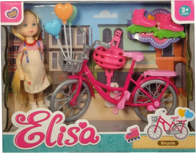 Mini bábika s bicyklom, kolieskovými korčuľami a prilbou