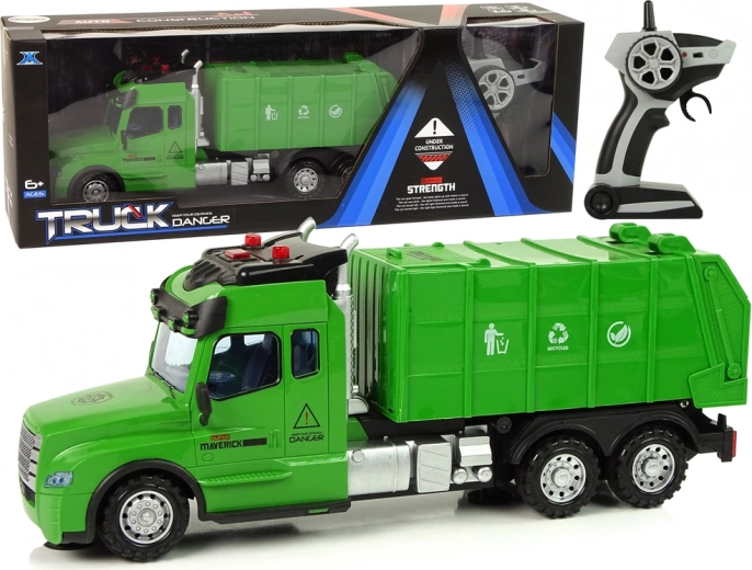 Zelené diaľkovo ovládané auto na odpadky s osvetlením a zvukmi 2,4G
