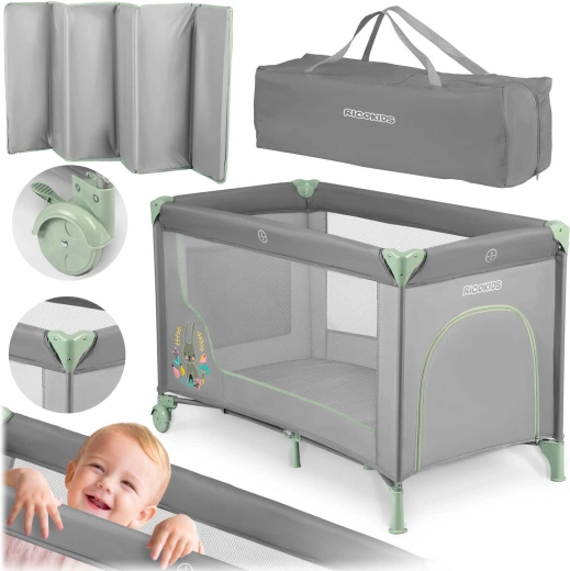 Cestovná detská postieľka Kikkids sivo-mätová 125 × 65 × 78 cm s matracom a taškou