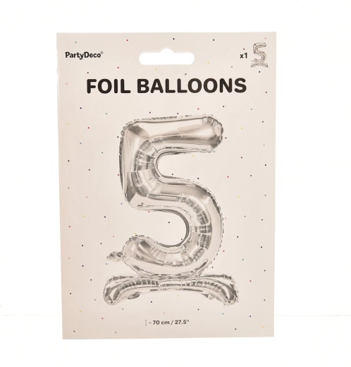 Stojaci fóliový balónik číslo 5 strieborný 70 cm