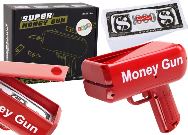 Strieľajúca pištoľ na peniaze Money Gun – červená párty vyhadzovačka bankoviek