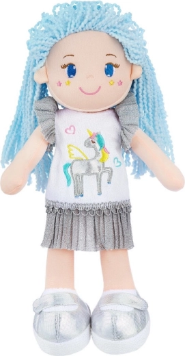 Textilná bábika s modrými vlasmi a jednorožcom