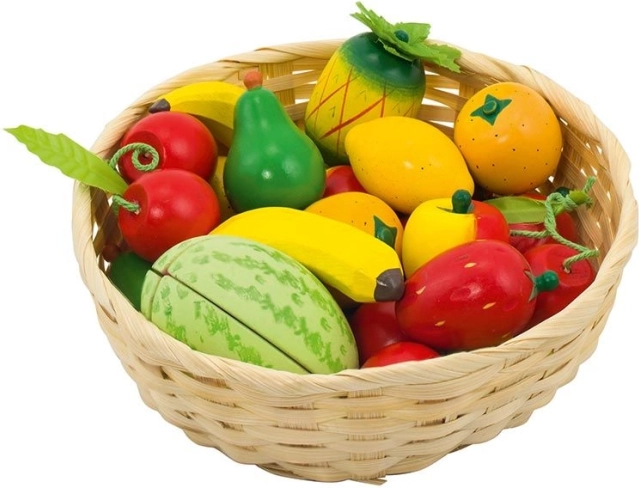 Drevené ovocie v košíku – sada 23 ks