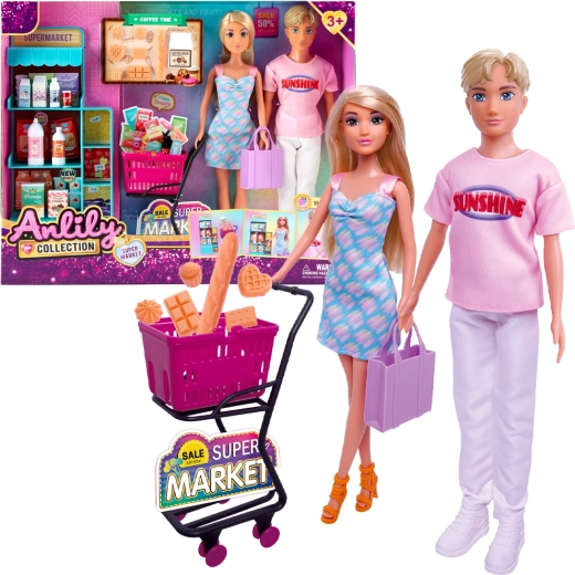 Súprava bábik do supermarketu s nákupným vozíkom