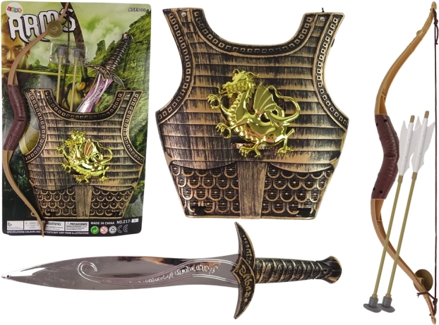 Detský samurajský kostým so zlatým brnením, lukom a mečom