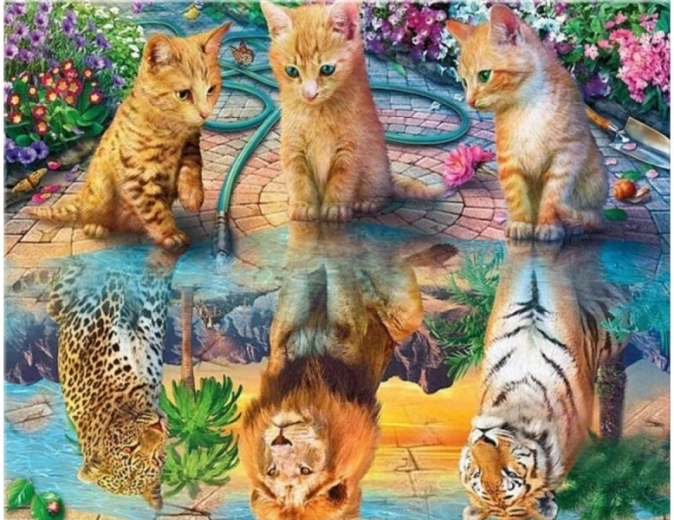 Diamantové vyšívanie (diamond painting) zrkadlový odraz – leopard, lev a tiger 40 × 30 cm