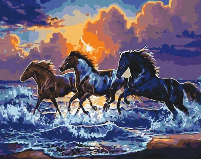 Diamantové maľovanie – divoké kone na pláži 30 × 40 cm