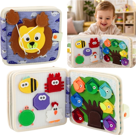 Zmyslová filcová knižka Džungľa – lev, Montessori aktívna kniha pre deti