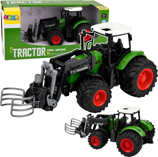 Farmársky traktor s čelným nakladačom a kliešťami na balíky 1:24, zelený