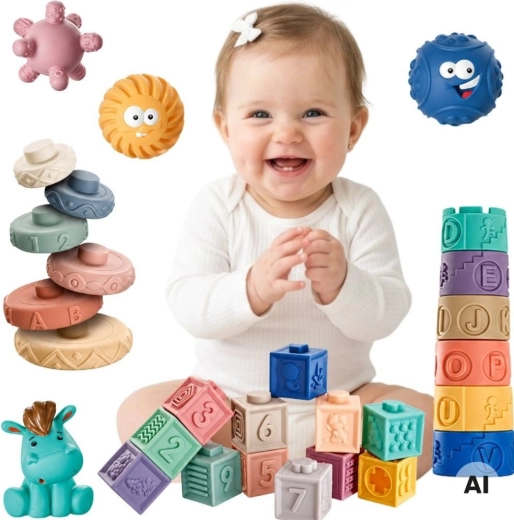 Woopie Baby mäkké senzorické kocky a loptičky 27 ks