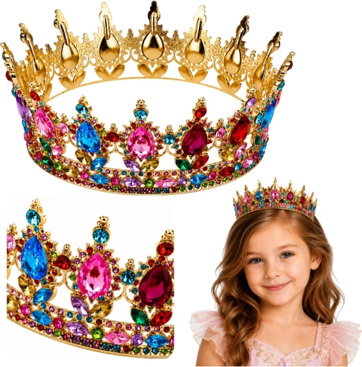 Zlatá kovová korunka pre princeznú s farebnými kryštálmi (12,5 cm)