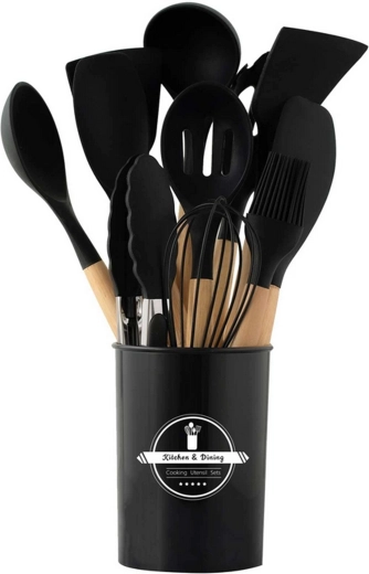 Sada kuchynských silikónových nástrojov s drevenými rukoväťami, 12 dielov