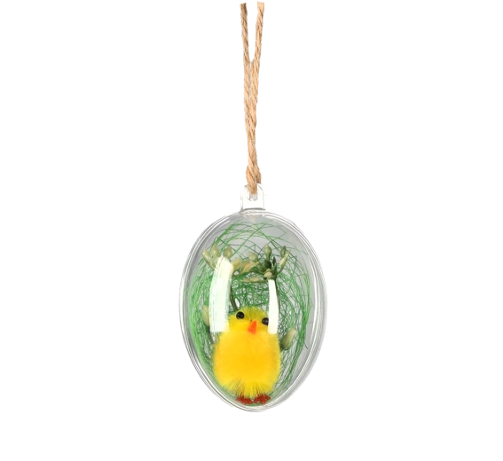 Veľkonočné závesné kuriatko v plastovej guli 4,5 × 6 cm, sada 12 ks