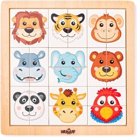 Woody drevené puzzle exotické zvieracie hlavičky, 18 dielikov