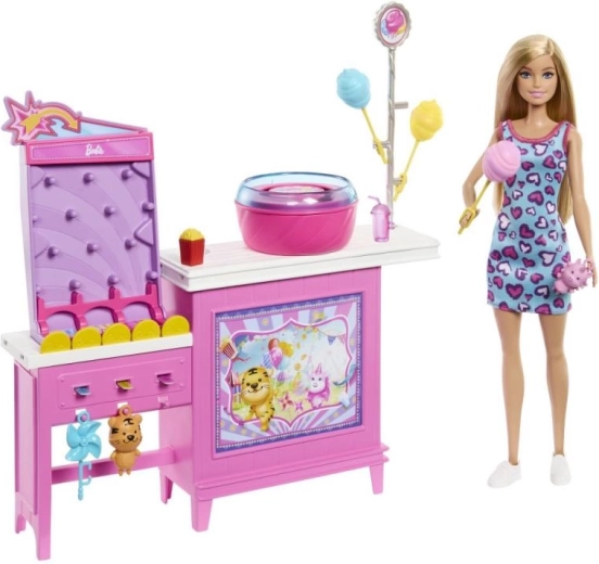 Barbie stánok s cukrovou vatou – herný set s bábikou