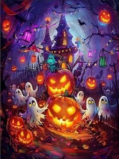 NORIMPEX Maľovanie podľa čísel Strašidelný dom s halloweenskými tekvicami 40 × 50 cm