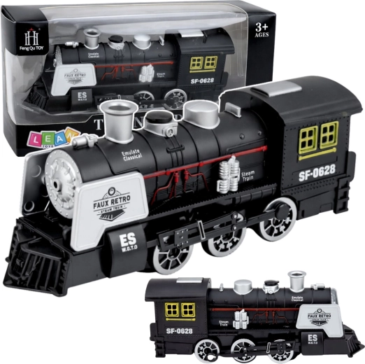 Klasická čierna parná lokomotíva so zvukmi, dymom a senzorom prekážok