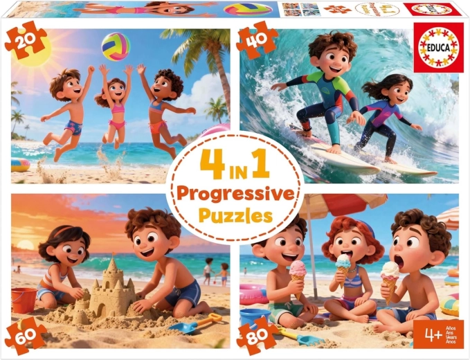 Detské puzzle EDUCA Pláž 4 v 1 – progresívne skladanie (20–80 dielikov)