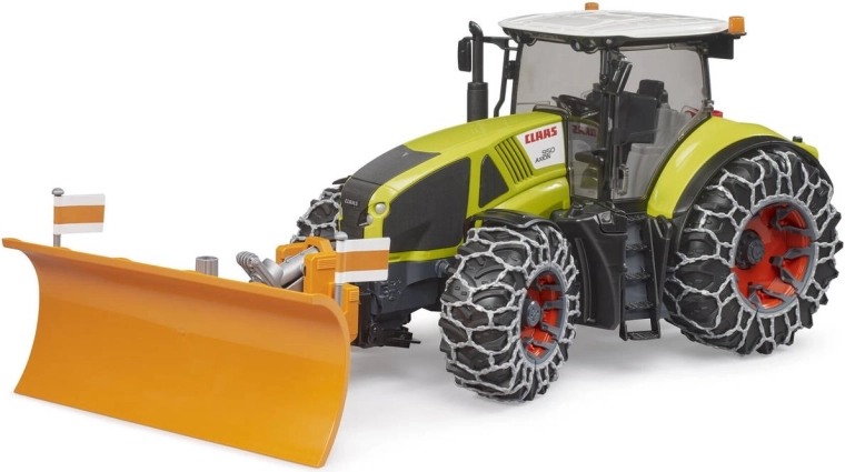 Traktor Claas Axion 950 so snehovými reťazami a radlicou Bruder
