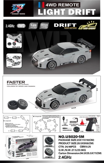 R/C driftovacie auto 1:20 so svetlami sivé - 1 kus
