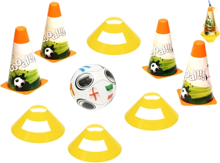 Detská futbalová tréningová sada s kužeľmi, metami a loptou 12 cm