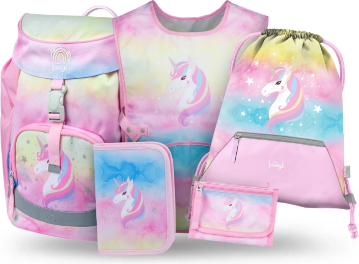 Baagl set 5 Airy Rainbow Unicorn – školský batoh, peračník, vrecko, zástera a peňaženka